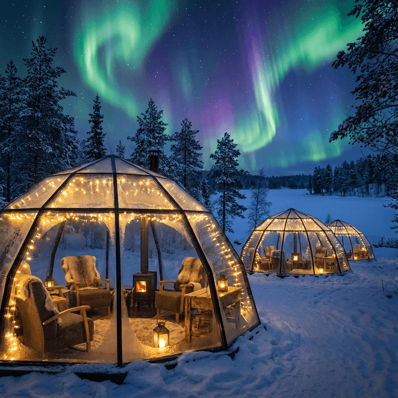 Glass igloo dome glowing warmly on frozen Arctic landscape at night, magnificent aurora borealis dancing across star-filled sky in ribbons of green and purple light, snow-covered wilderness stretching to distant mountains, interior visible through transparent thermal glass showing luxury bed facing the heavens