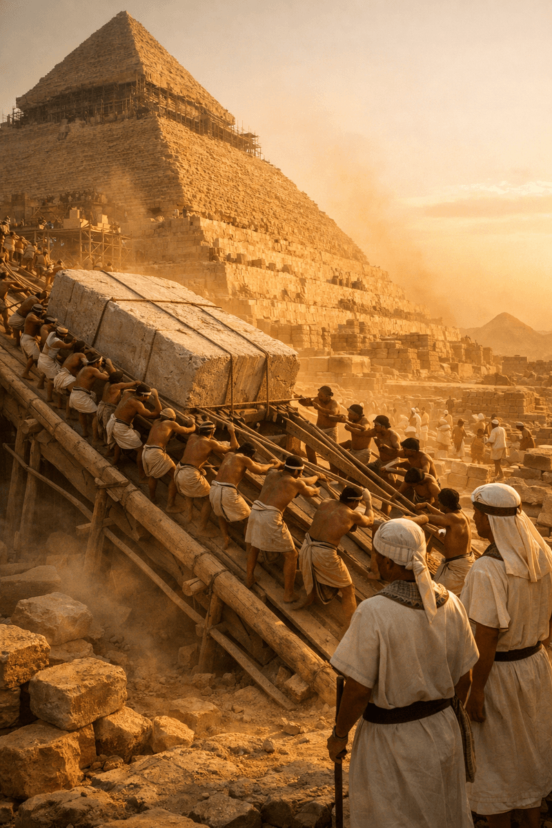 Ancient Egyptian workers hauling massive limestone blocks up wooden ramps at the Great Pyramid of Giza under construction, golden hour sunlight, dust particles in air, overseers in white linen watching