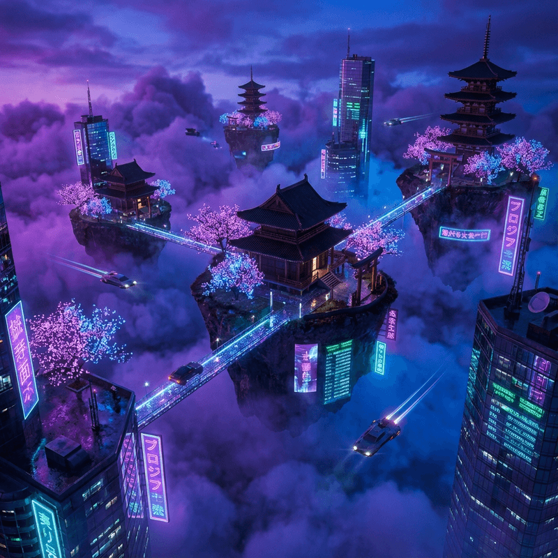 Floating gardens suspended in clouds above futuristic Kyoto cityscape, cherry blossoms drifting upward in anti-gravity currents, translucent platforms connected by bridges of pure light, traditional Japanese architecture blended with impossible future technology