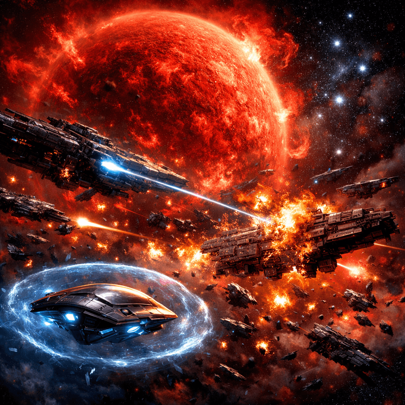 Massive space battle near the red supergiant Betelgeuse in Orion constellation, enormous capital ships exchanging devastating energy weapon fire, brilliant explosions blooming silently in vacuum, debris field of shattered warships tumbling through space