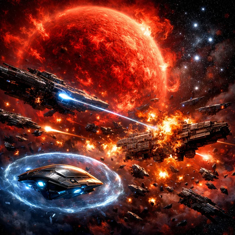 Massive space battle near the red supergiant Betelgeuse in Orion constellation, enormous capital ships exchanging devastating energy weapon fire, brilliant explosions blooming silently in vacuum, debris field of shattered warships tumbling through space