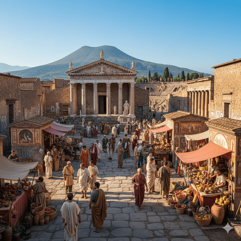 Vibrant Pompeii Forum on August 23rd 79 AD at peak of day, bustling Roman marketplace with merchants and citizens in togas, Mount Vesuvius quiet and majestic in background under clear blue Mediterranean sky, Temple of Jupiter with white marble columns