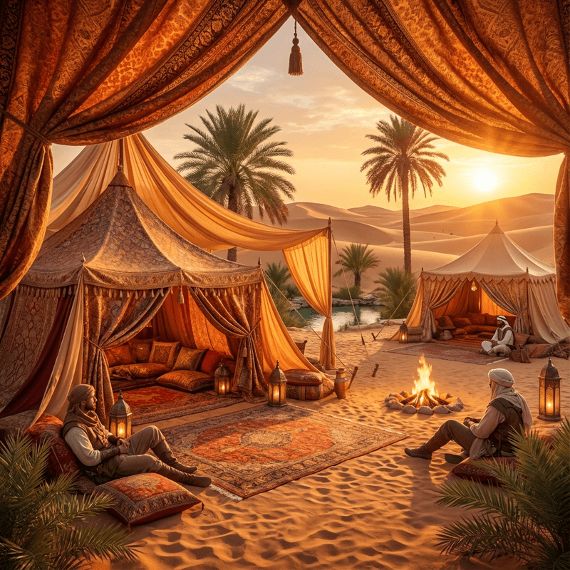 Luxury Bedouin camp at Sahara oasis during golden hour sunset, silk tents in deep crimson and gold arranged around ancient stone well, endless sand dunes stretching to horizon in waves of amber and rose, camel caravan silhouetted against setting sun