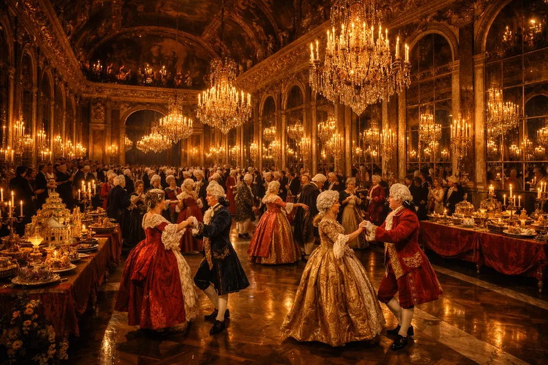 Hall of Mirrors at Versailles Palace 1788, thousands of candles reflected infinitely in 357 mirror panels, aristocrats in silk brocade and powdered wigs dancing minuet, seventeen arched windows facing seventeen mirrors